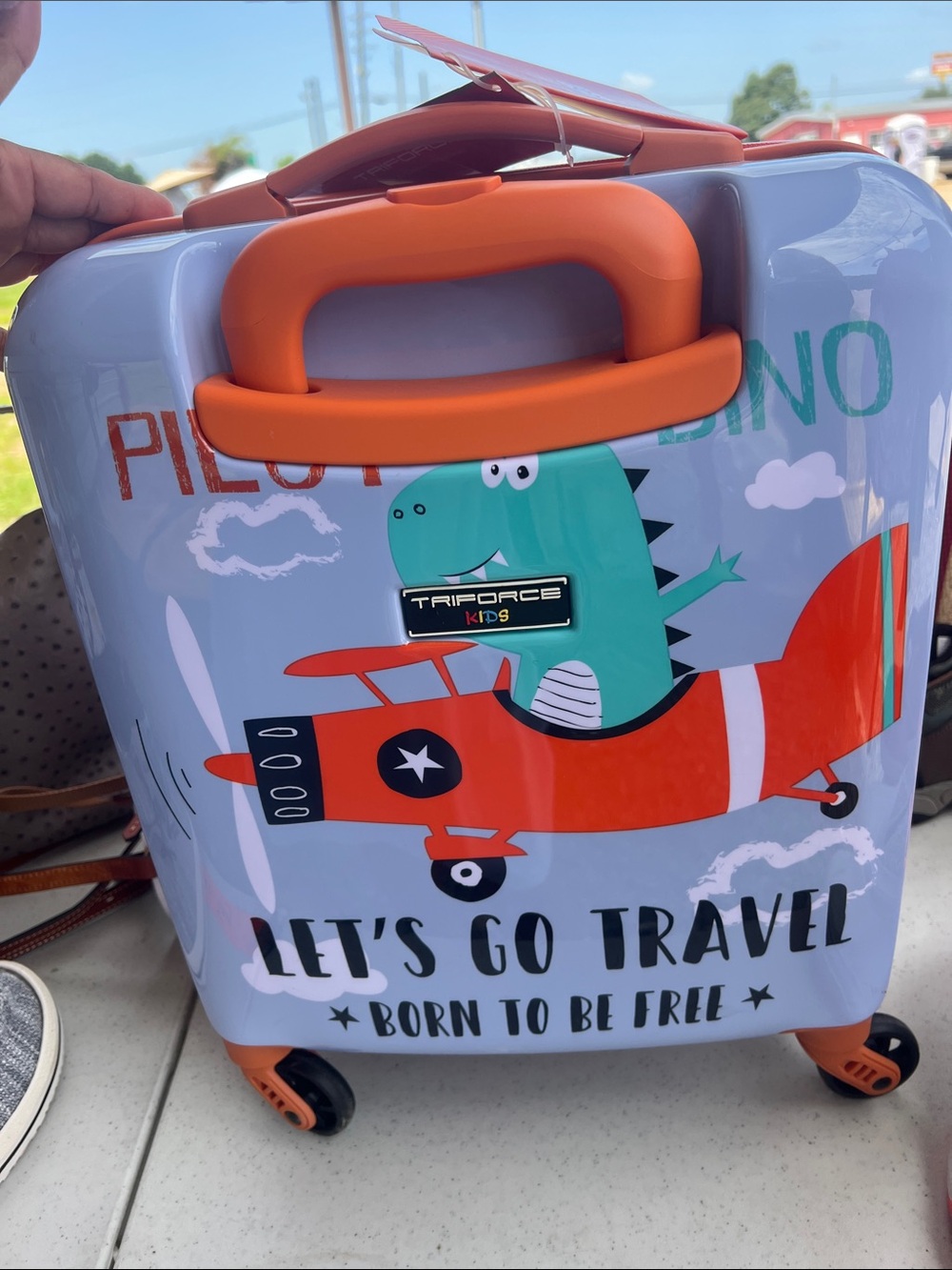 Orange & Light Blue 'Let's Go Travel' Rolling Kids Suitcase with lock snap.